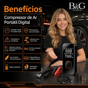 Auxiliar de Partida de Bateria Veicular Portátil Com Compressor de Ar Para Carro e Moto