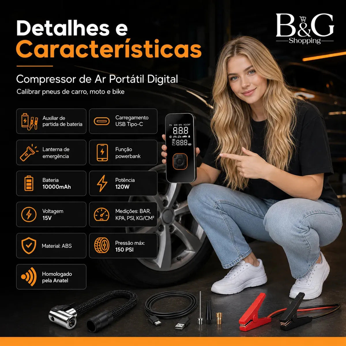 Auxiliar de Partida de Bateria Veicular Portátil Com Compressor de Ar Para Carro e Moto
