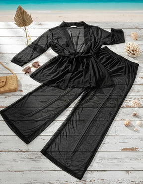 Conjunto Saída De Praia Em Tule - Camisa E Calça Estampados