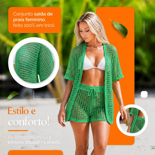 Conjunto Multimarcas Saida De Praia Kimono  Crochê Feminino